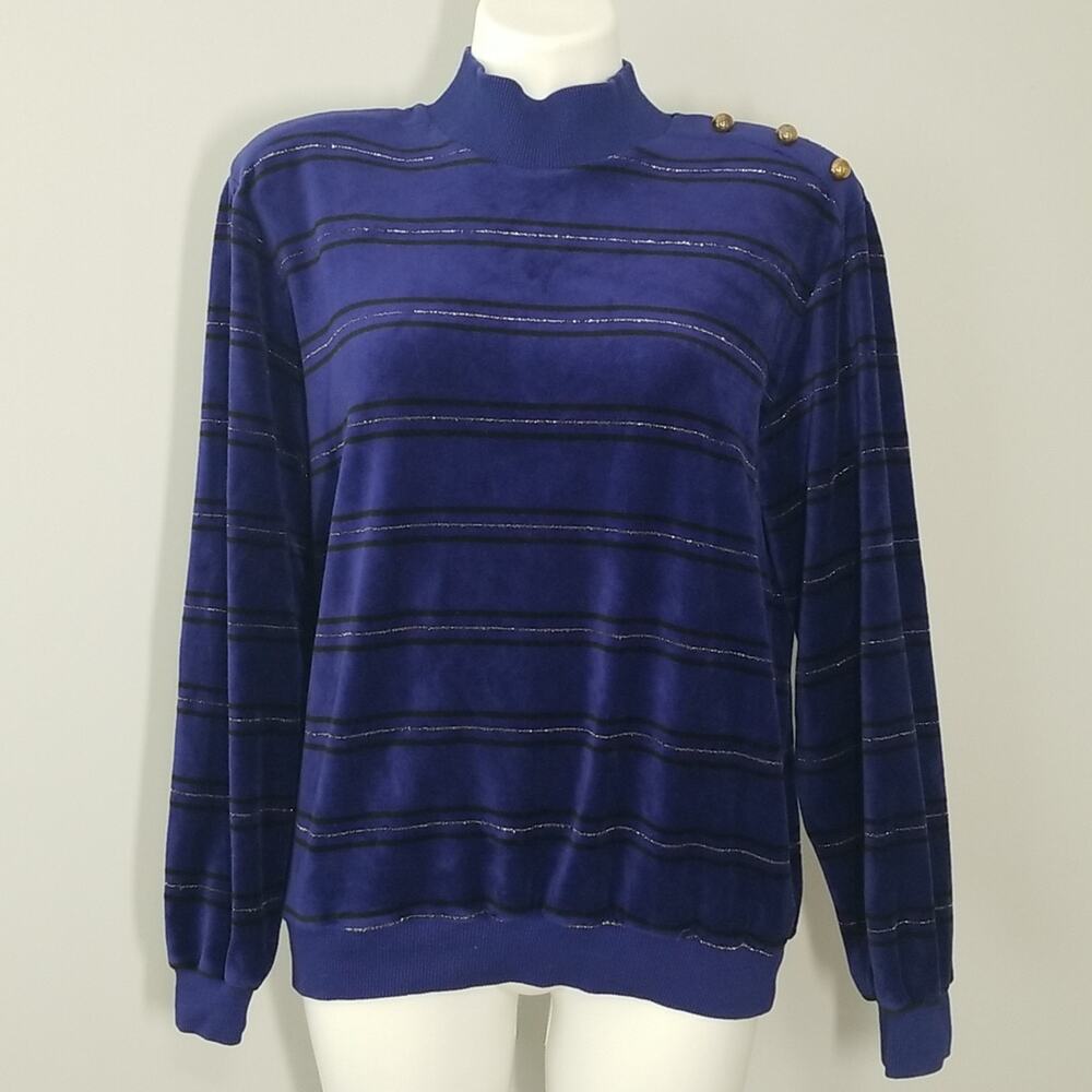 Alfred Dunner Blue Velour Mockneck Sweater Gold Black Accents Vintage Size M